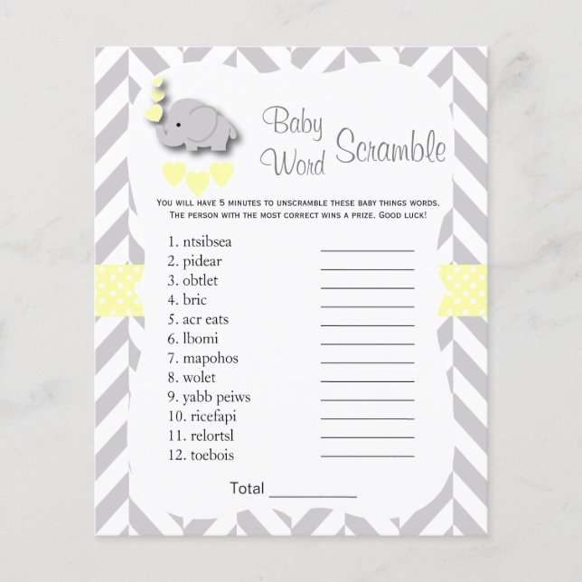 Yellow & Gray Elephant Baby Shower - Scramble Flyer (Front)