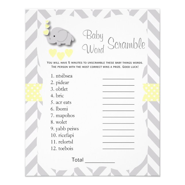 Yellow & Gray Elephant Baby Shower - Scramble Flyer (Front)