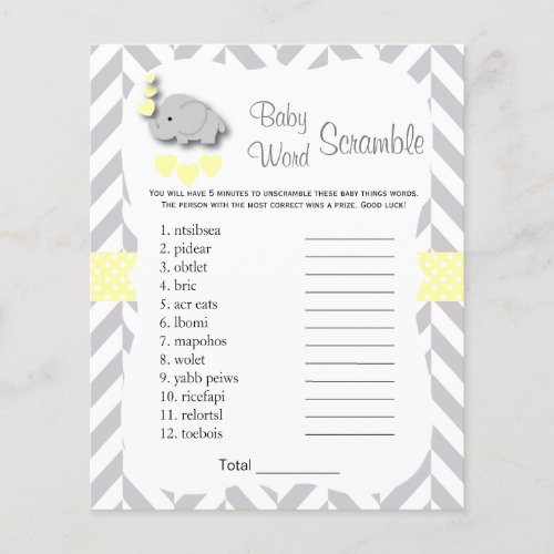 Yellow  Gray Elephant Baby Shower _ Scramble Flyer