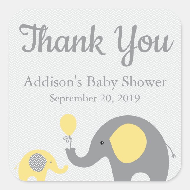 Yellow Gray Elephant Baby Shower Stickers, Square Square Sticker (Front)