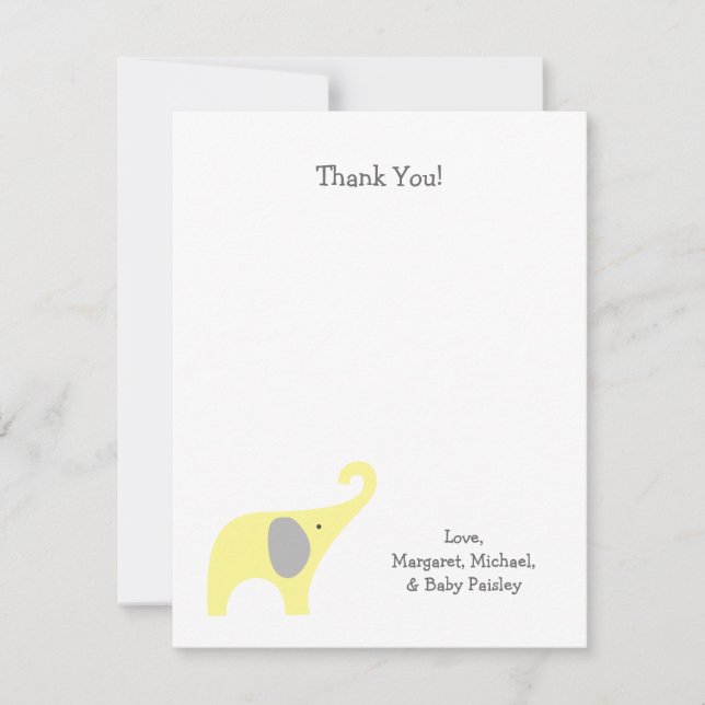 Yellow Gray Elephant Baby Shower Thank You Notes (Front)