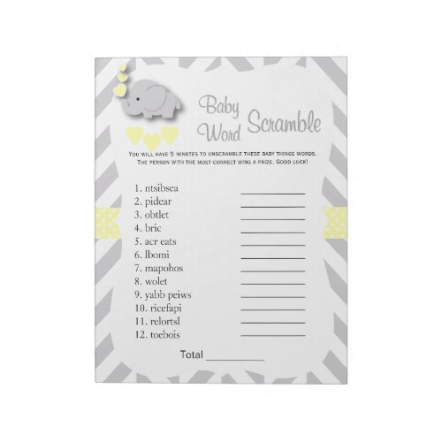 Yellow  Gray Elephant Baby Shower Word Game Notepad