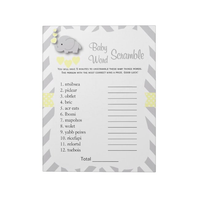 Yellow & Gray Elephant Baby Shower Word Game Notepad (Rotated)