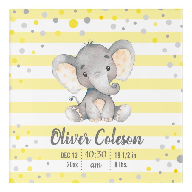 Yellow Gray Elephant Baby Stats Polka Dot Nursery Acrylic Print (Front)
