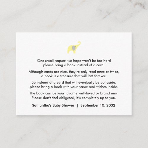 Yellow Gray Elephant Book request  books for baby Enclosure Card