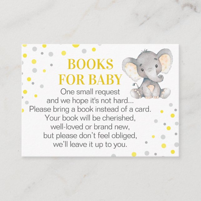 Yellow Gray Elephant Books for Baby Book Request Enclosure Card (Front)