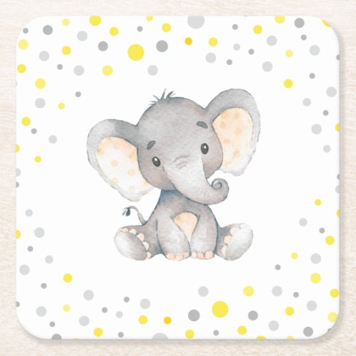 Yellow Gray Elephant Neutral Baby Shower Sprinkle Square Paper Coaster
