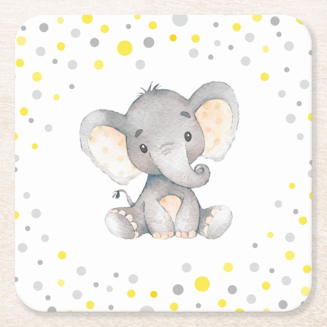 Yellow Gray Elephant Neutral Baby Shower Sprinkle Square Paper Coaster (Front)