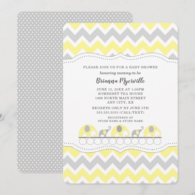 Yellow Gray Elephant neutral gender baby shower Invitation (Front/Back)