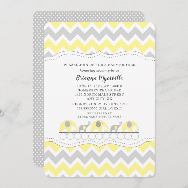 Yellow Gray Elephant neutral gender baby shower Invitation (Front/Back)