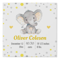 Yellow Gray Elephant Nursery Polka Dot Baby Stats Faux Canvas Print