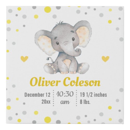 Yellow Gray Elephant Nursery Polka Dot Baby Stats Faux Canvas Print