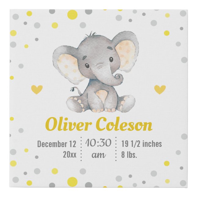 Yellow Gray Elephant Nursery Polka Dot Baby Stats Faux Canvas Print (Front)