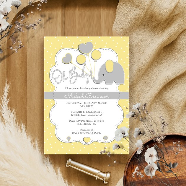Yellow Gray Elephant Oh Baby Shower Invitation