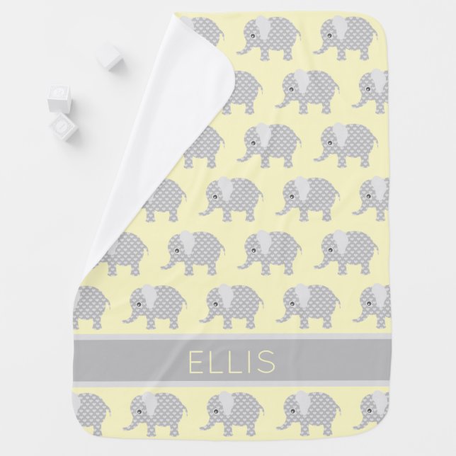 Yellow Gray Elephant Pattern Personalized Baby Blanket (In Situ)