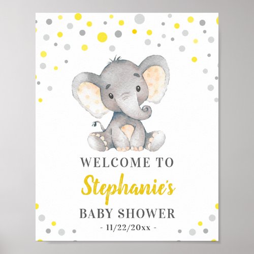 Yellow Gray Elephant Polka Dot Baby Shower Welcome Poster