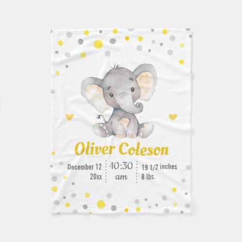 Yellow Gray Elephant Polka Dot Baby Stats Nursery Fleece Blanket