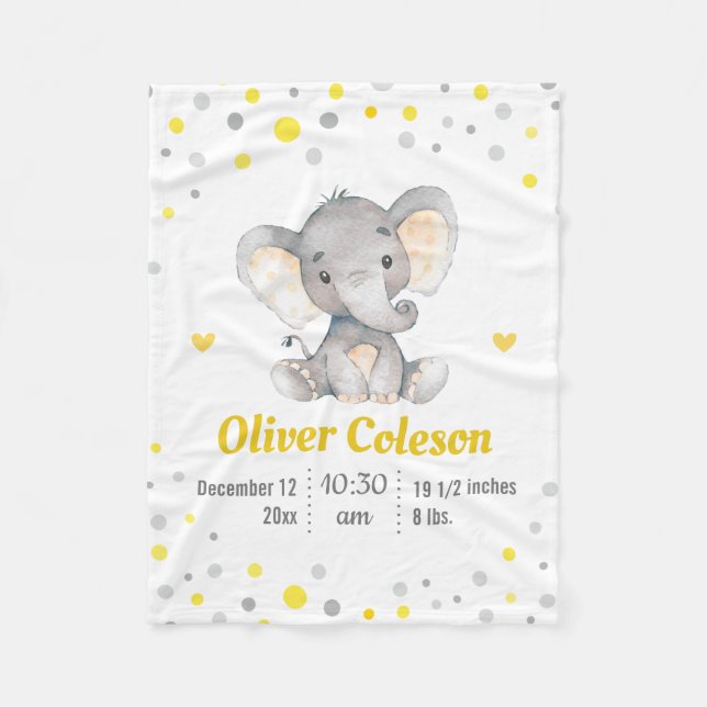 Yellow Gray Elephant Polka Dot Baby Stats Nursery Fleece Blanket (Front)