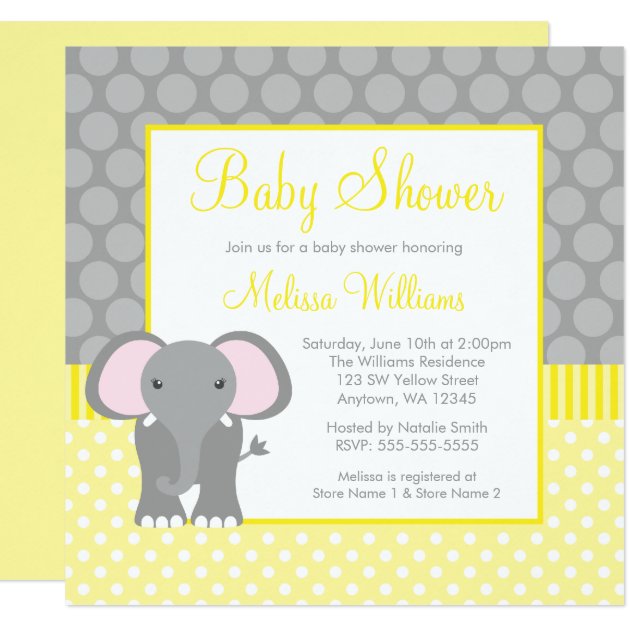 Yellow Gray Elephant Polka Dot Boy Baby Shower Invitation