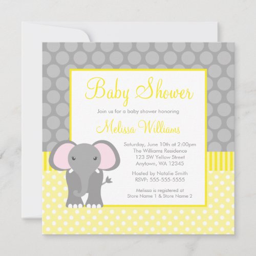 Yellow Gray Elephant Polka Dot Boy Baby Shower Custom Invites