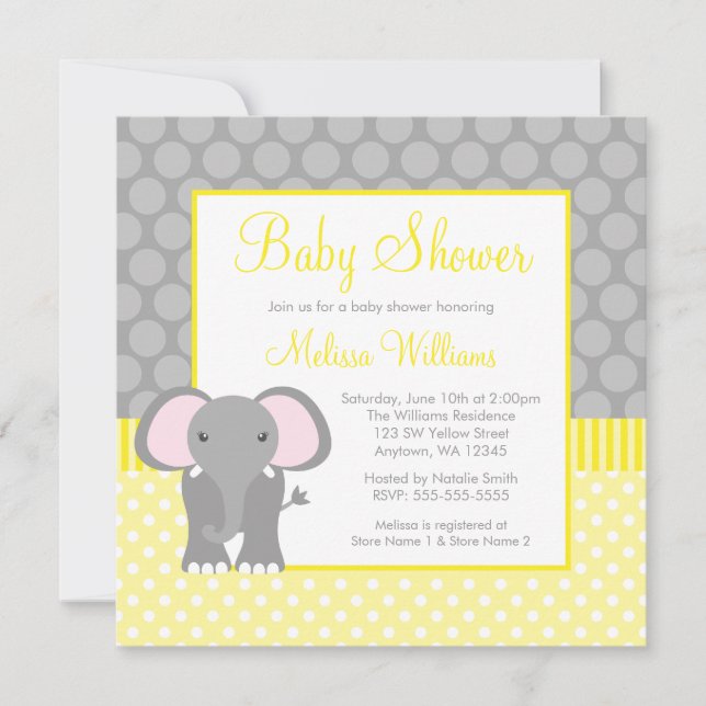 Yellow Gray Elephant Polka Dot Boy Baby Shower Invitation (Front)