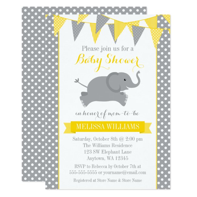 Yellow Gray Elephant Polka Dot Bunting Baby Shower Invitation