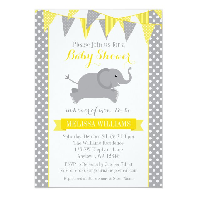 Yellow Gray Elephant Polka Dot Bunting Baby Shower Invitation