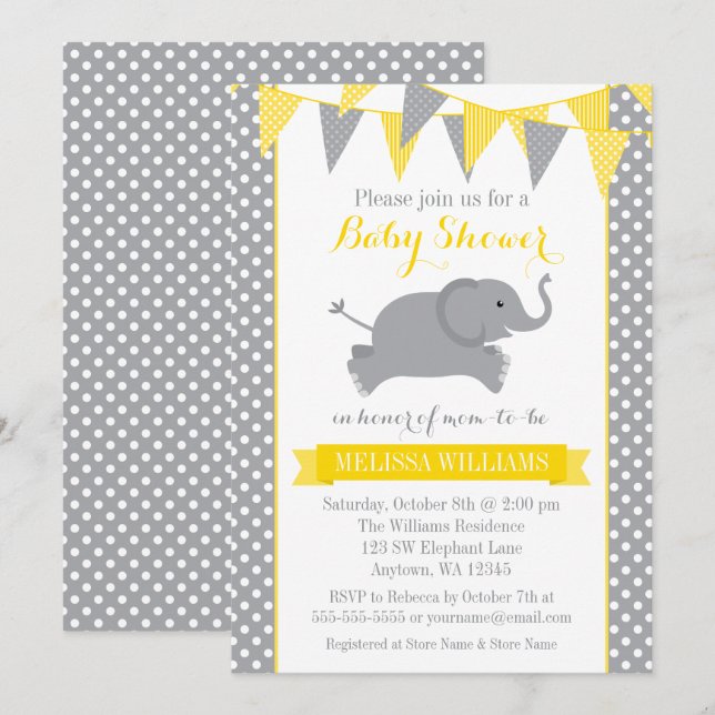 Yellow Gray Elephant Polka Dot Bunting Baby Shower Invitation (Front/Back)