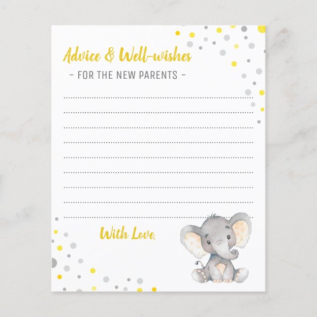 Yellow Gray Elephant Shower Parents Advice Cards (Front)