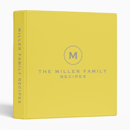 Yellow  Gray Family Recipe Monogram Medallion 3 Ring Binder