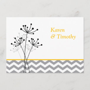 Yellow, Gray Floral, Chevron Wedding Invite