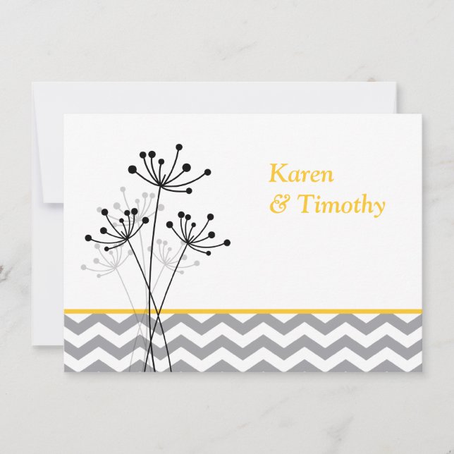 Yellow, Gray Floral, Chevron Wedding Invite (Front)