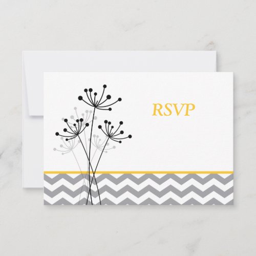 Yellow, Gray Floral, Chevron Wedding RSVP Card