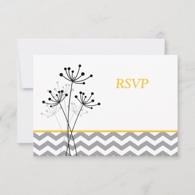 Yellow, Gray Floral, Chevron Wedding RSVP Card (Front)