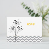 Yellow, Gray Floral, Chevron Wedding RSVP Card (Standing Front)
