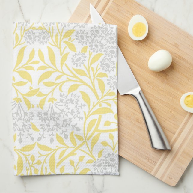 Yellow Gray Floral Damask Pattern Kitchen Towel (Quarter Fold)