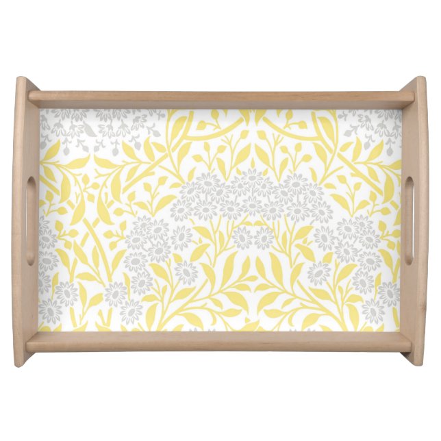 Yellow Gray Floral Damask Pattern Serving Tray (Front)