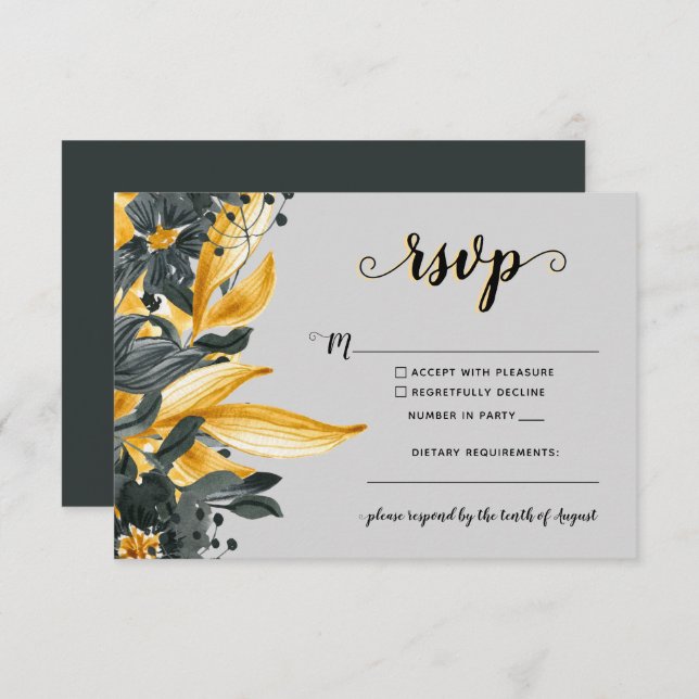 Yellow & Gray Floral Elegant Script Modern Wedding RSVP Card (Front/Back)