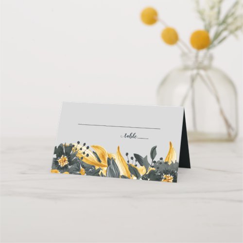 Yellow  Gray Floral Elegant Watercolor Wedding Place Card