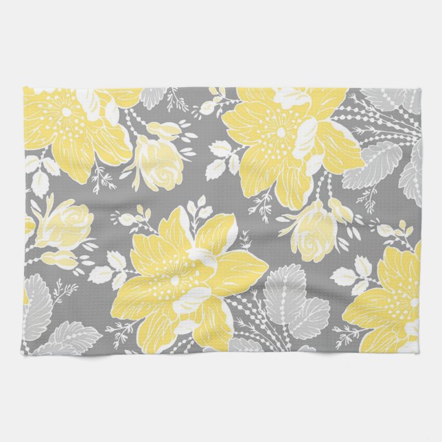Yellow Gray Floral Kitchen Cloth Towel (Horizontal)