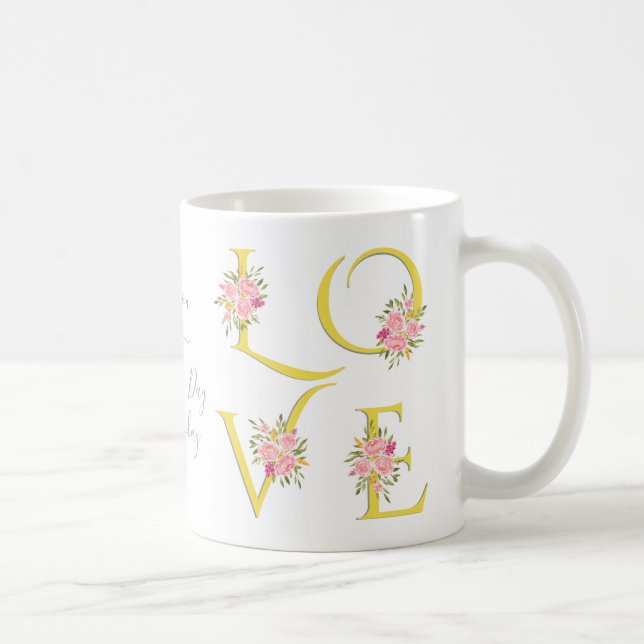 Yellow, gray floral Love typography Valentines Day Coffee Mug (Right)