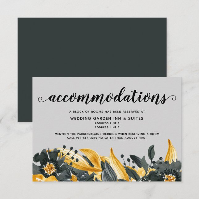 Yellow & Gray Floral Modern Elegant Wedding Hotel RSVP Card (Front/Back)
