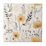 Yellow gray floral pattern ceramic tile<br><div class="desc">A soft,  light beige,  linen color as background.  Decorated with blue flowers and gray foliage.</div>