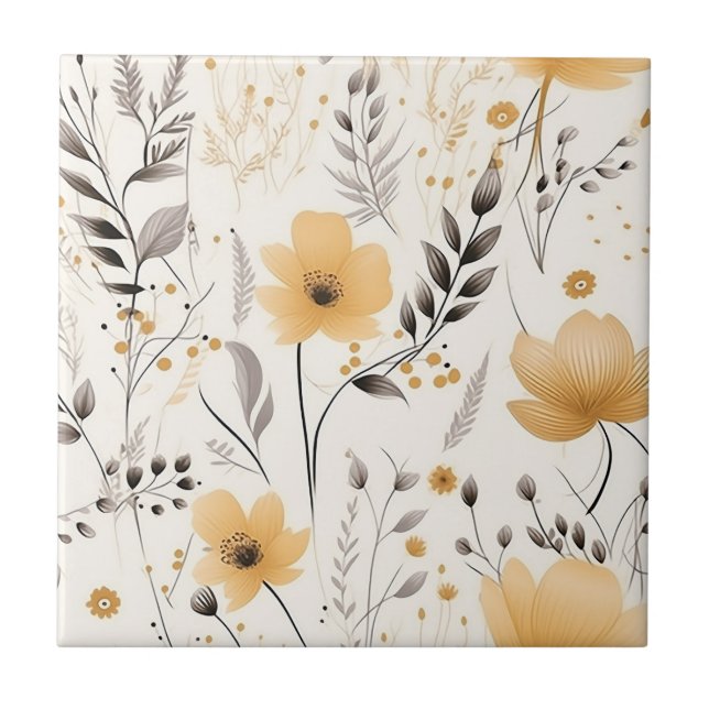 Yellow gray floral pattern ceramic tile (Front)