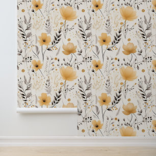 Yellow gray floral pattern wallpaper