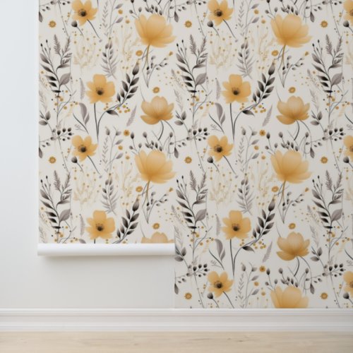 Yellow gray floral pattern wallpaper 