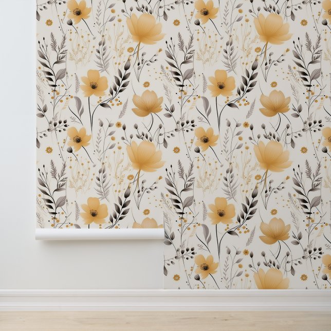 Yellow gray floral pattern wallpaper  (Application)