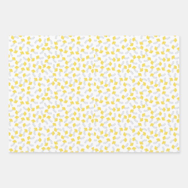 Yellow Gray Floral Pattern Wrapping Paper Sheets (Front)