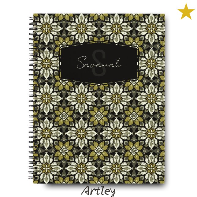 Yellow Gray Floral Spanish Tile Name Monogram Notebook (Creator Uploaded)