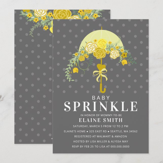Yellow Gray Floral Umbrella Neutral Baby Shower  Invitation (Front/Back)